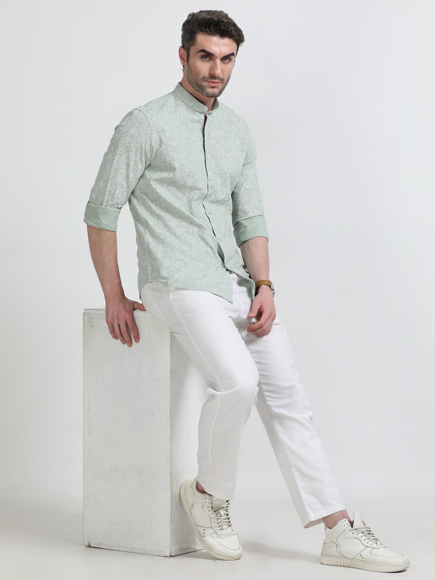 Nova Scottia Men’s mandarin collar cotton Lenin Pista Green